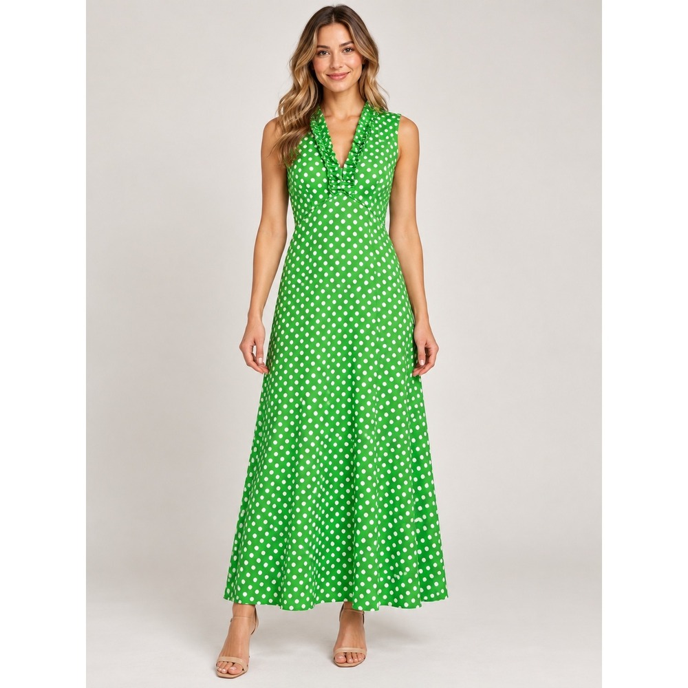Green White Polka Dot Ruffle Maxi Dress Vintage 70s Sleeveless Empire Waist 18 M